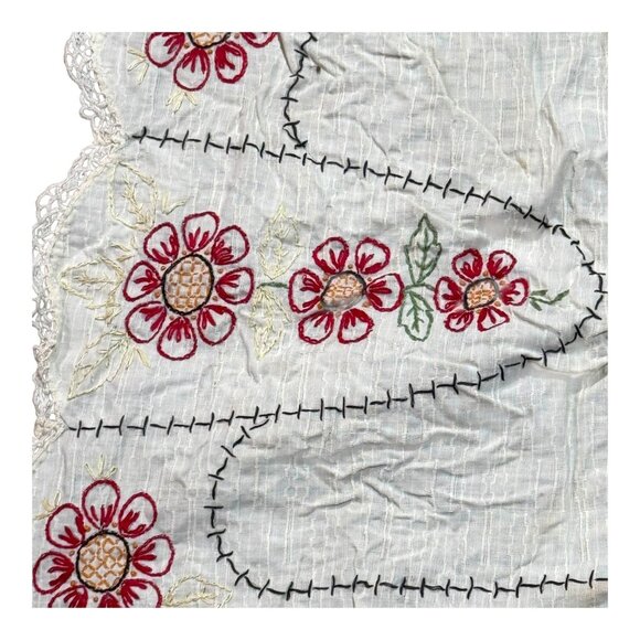 Vintage Embroidered Floral Table Runner Linen Cottage Granny Core Lace Trim READ - Picture 1 of 6